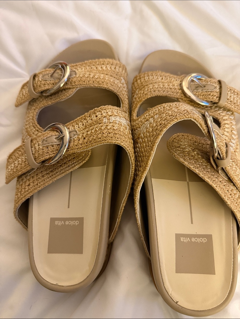 Dolce Vita Beige Woven Double Buckle Slide Sandals